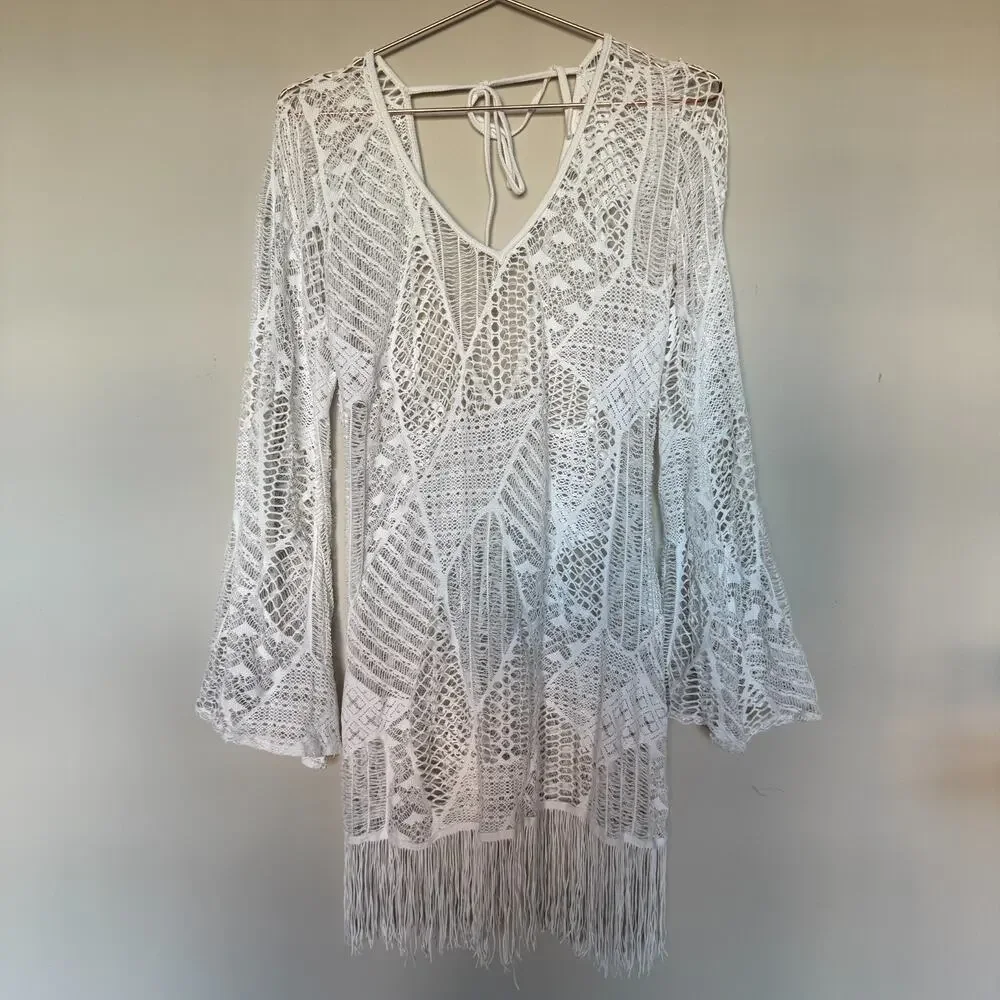 PILYQ PQ Women Swim Coverup Dress M/L Ivory Mini Crochet Whimsical Cottage Fairy - Picture 2 of 10
